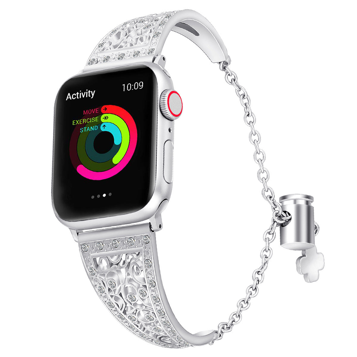 Silver diamond-cut smartwatch band with ornate filigree design and chain charm for Apple Watch, featuring activity rings display