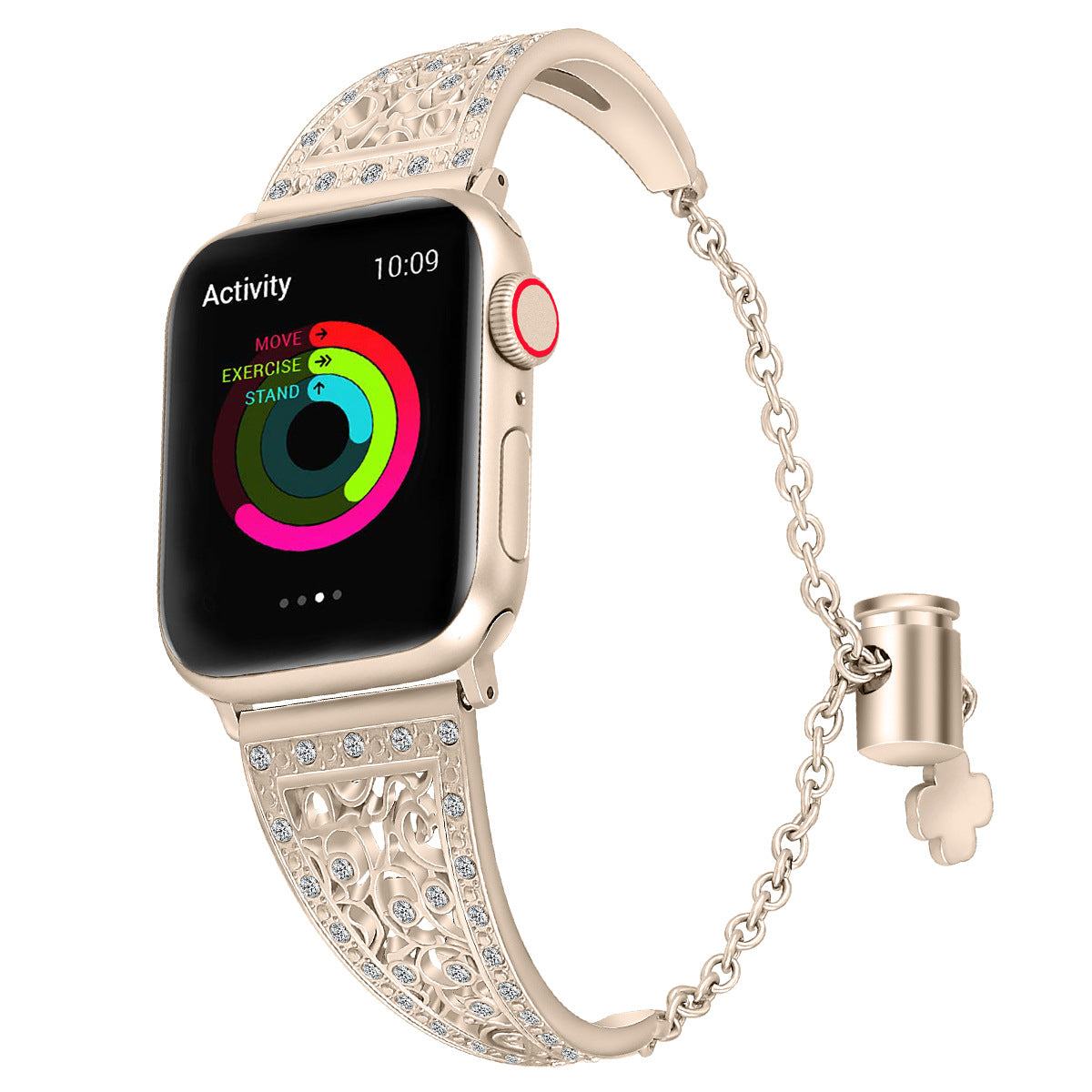 Gold filigree smartwatch band with crystal rhinestones and chain link design, displayed on rose gold smartwatch showing activity rings