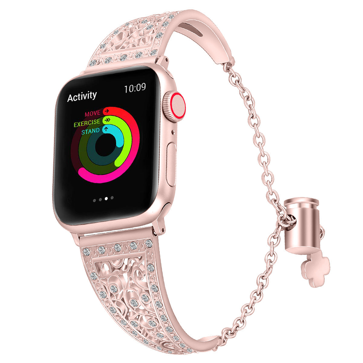 Rose gold smartwatch with ornate filigree band and crystal accents, displaying colorful activity rings on screen