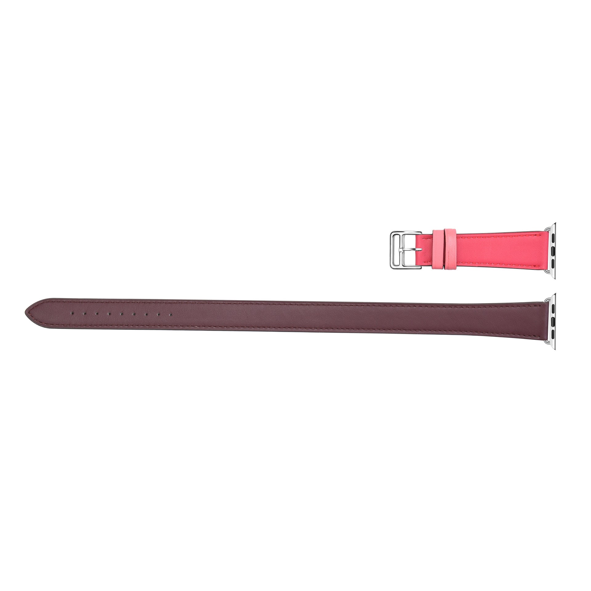 Burgundy leather Apple Watch band with pink leather double tour strap and silver connector hardware