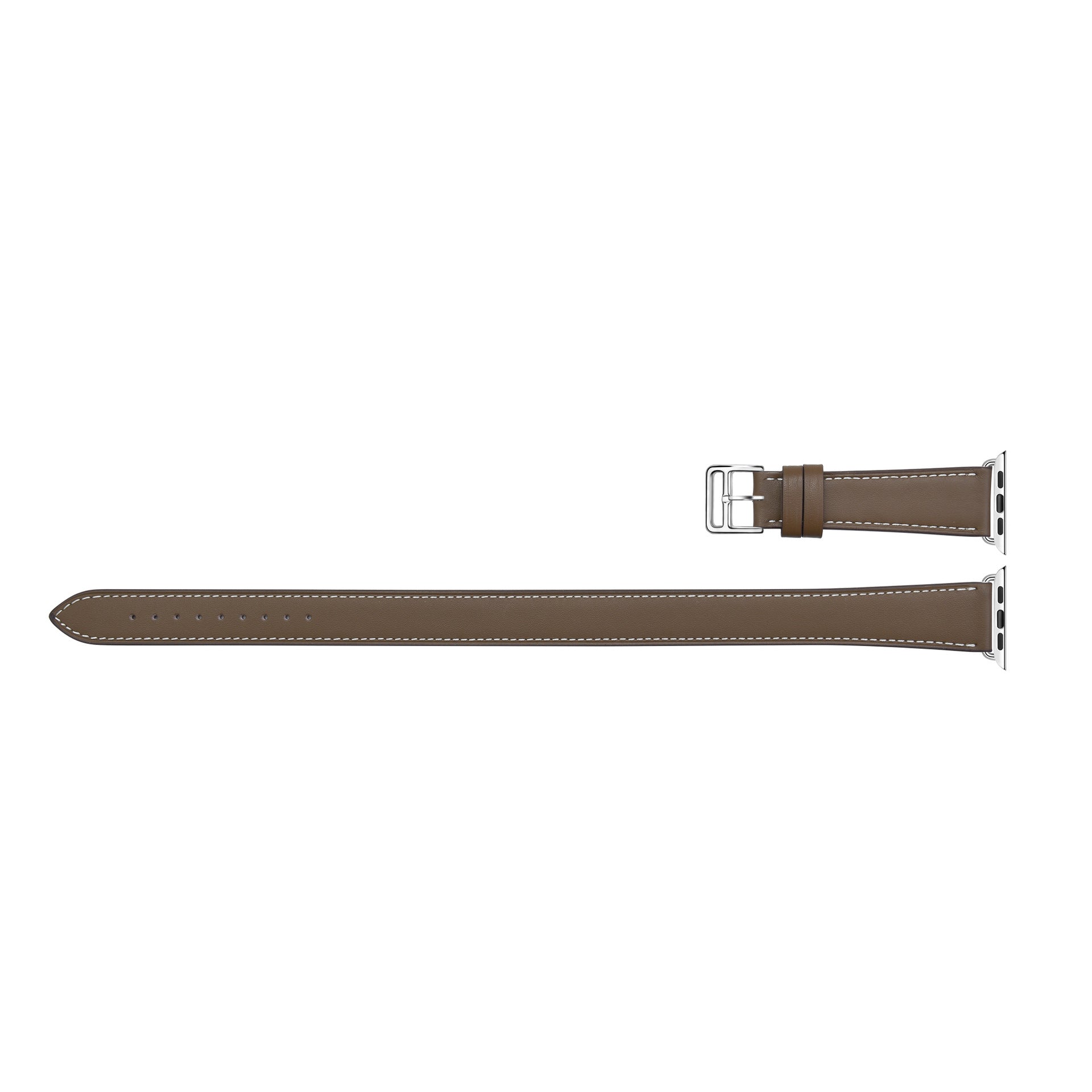 Brown leather double tour Apple Watch band with white contrast stitching and stainless steel connector