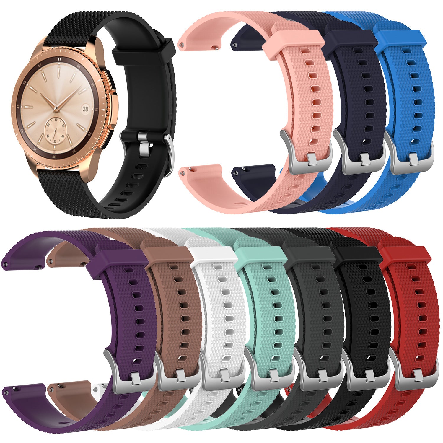 Rose gold smartwatch with black silicone band and interchangeable silicone straps in multiple colors including pink, navy, blue, purple, tan, white, mint, and red