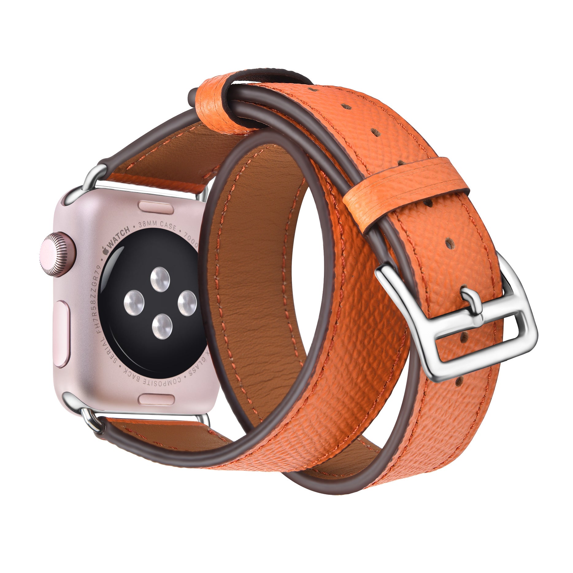 Pink Apple Watch 38mm with double tour orange leather band and silver buckle closure