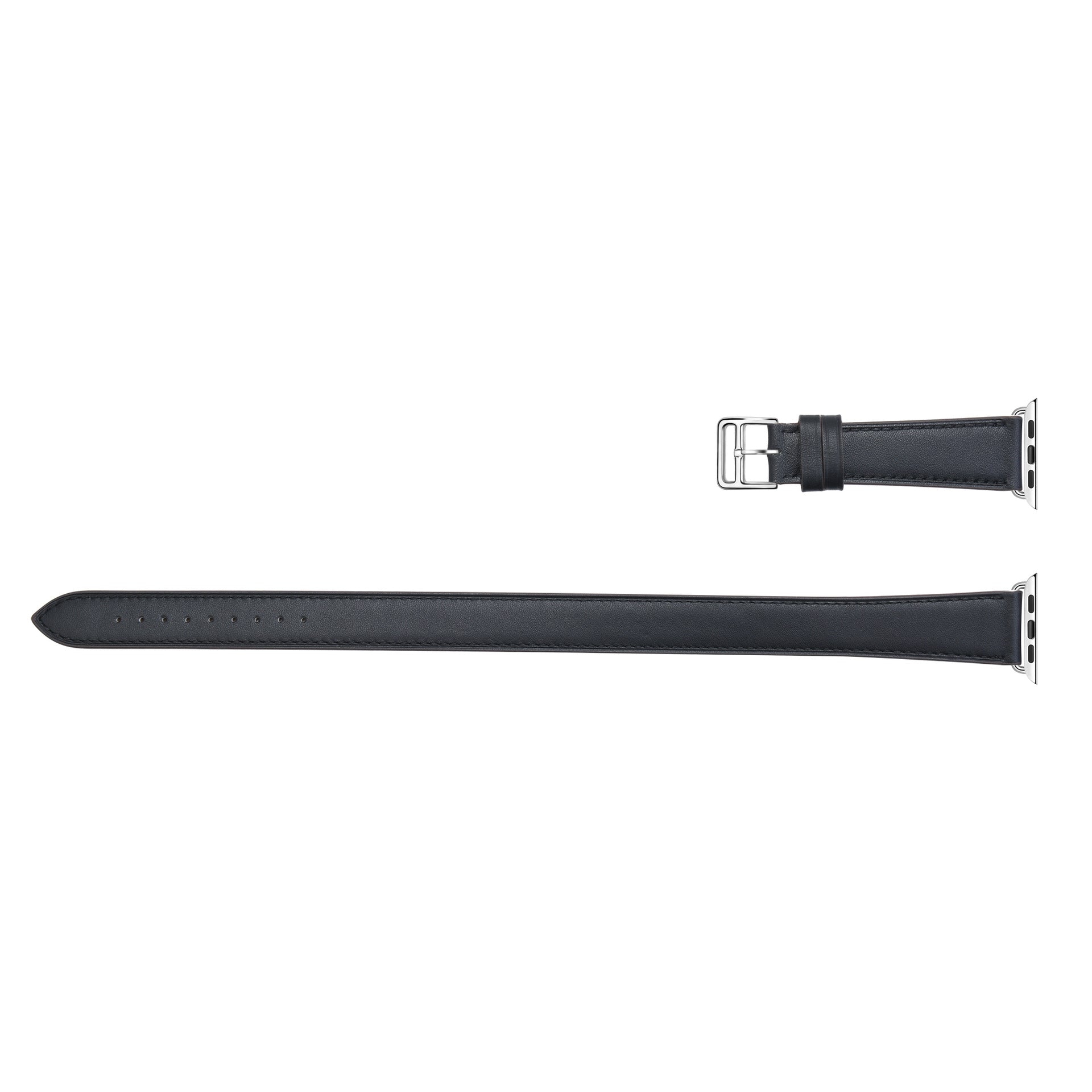 Black leather double tour watch band with silver buckle connector for Apple Watch