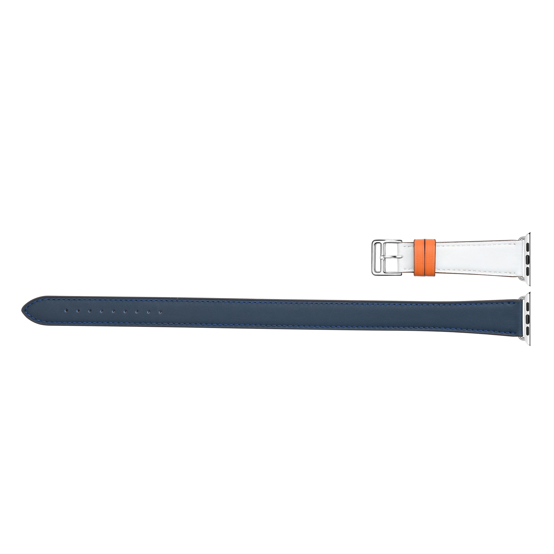 Navy blue leather Apple Watch band with white and orange accent stripe, silver buckle connector for smartwatch