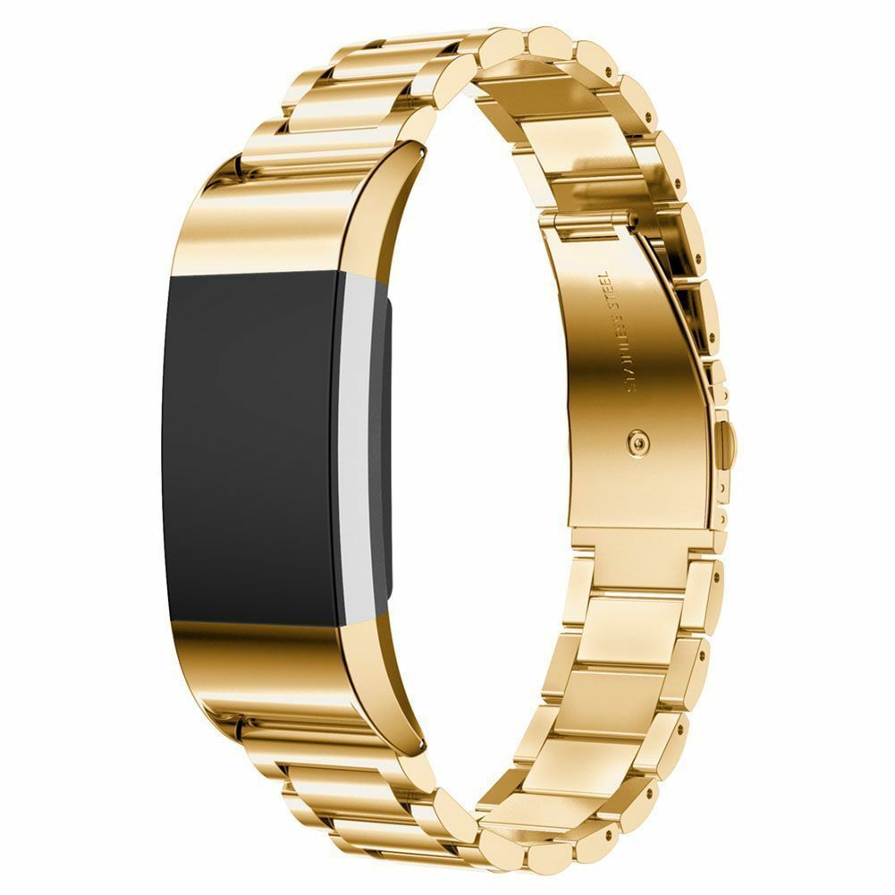 Gold stainless steel bracelet band for Fitbit Charge 2 fitness tracker with secure clasp closure