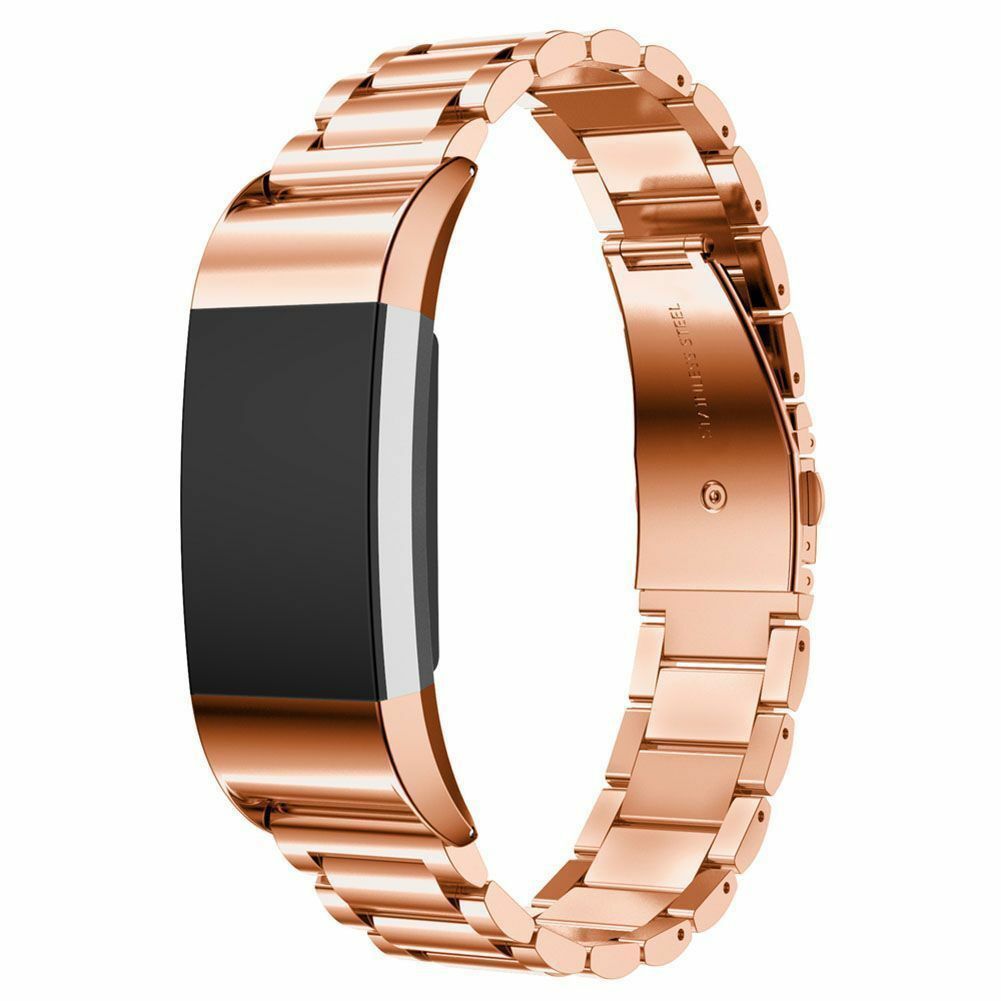 Rose gold stainless steel bracelet band for Fitbit Charge 2 fitness tracker with link closure