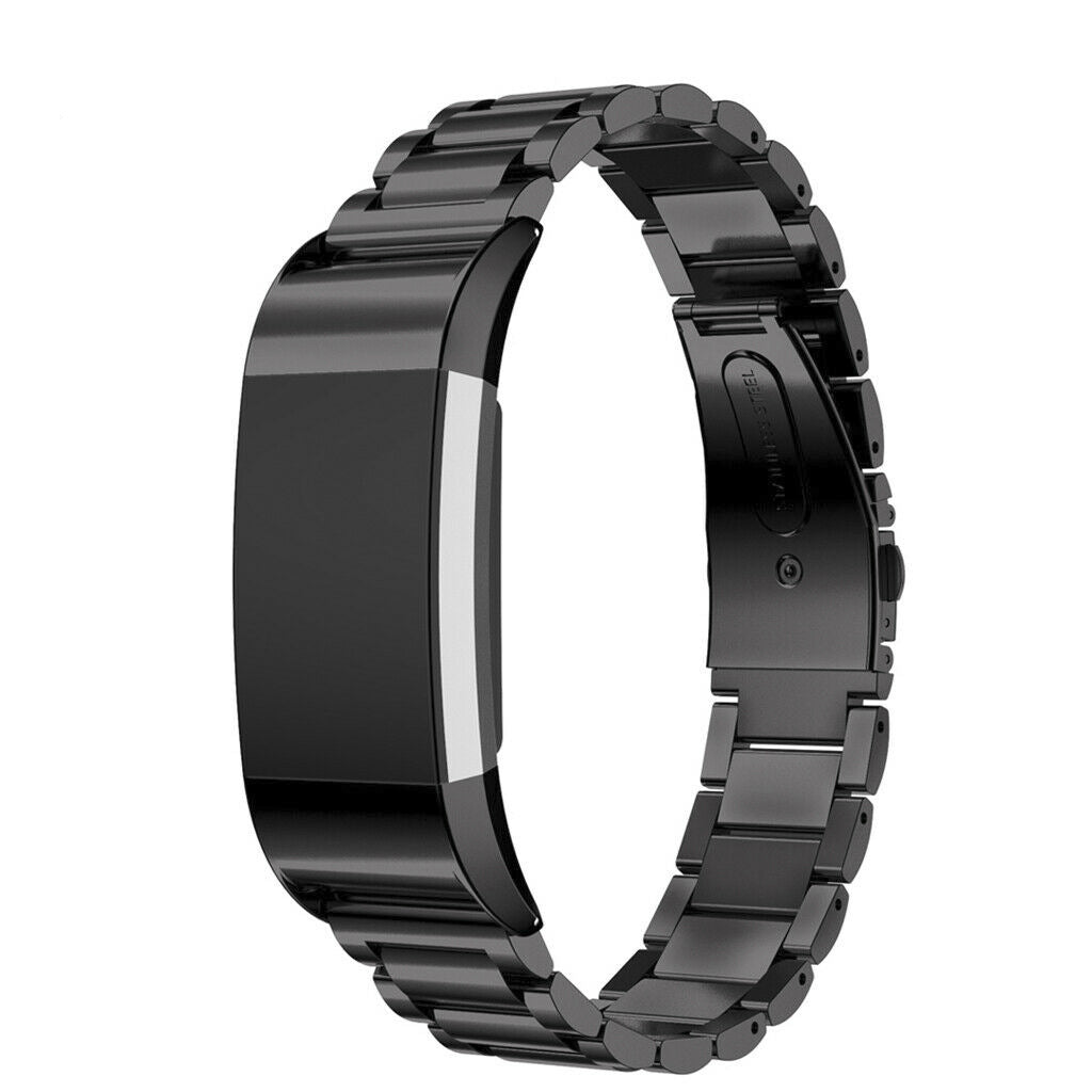 Black stainless steel replacement bracelet band for Fitbit Charge 2 fitness tracker with metal link construction and secure clasp