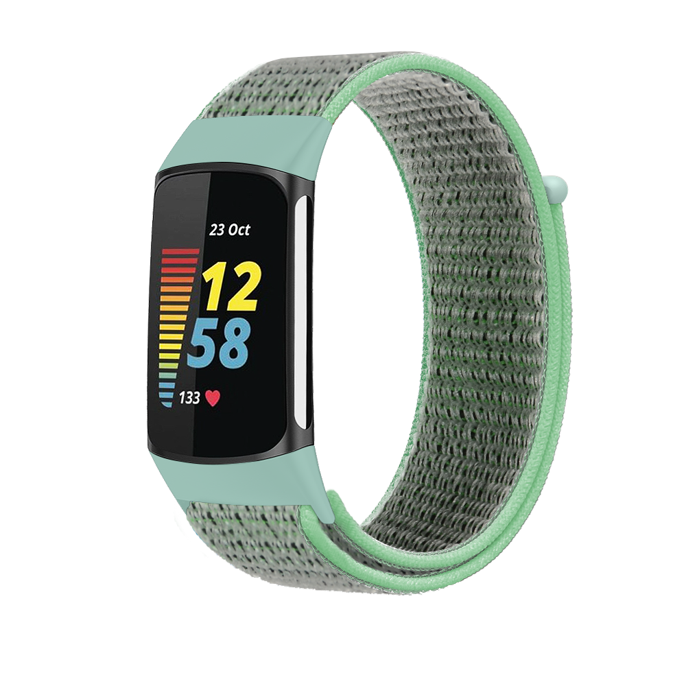 Mint green and gray woven sports loop band for Fitbit Charge 5 and 6 fitness tracker with velcro closure