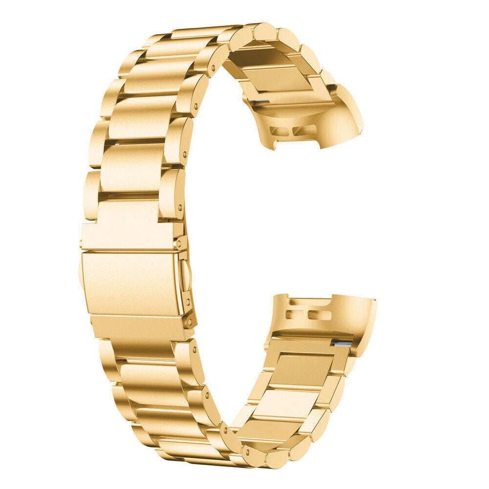 Gold stainless steel bracelet band for Fitbit Charge 3 and Charge 4 fitness tracker with link construction and secure clasp closure
