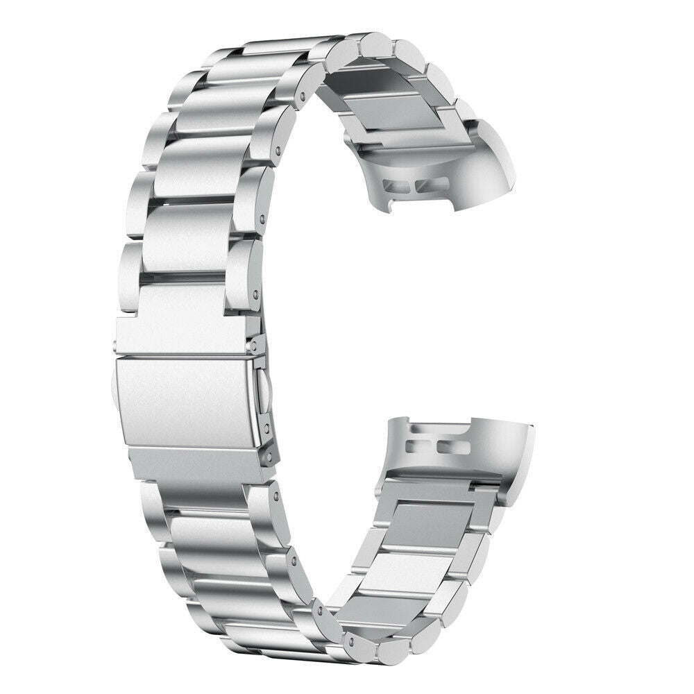 Stainless steel bracelet band for Fitbit Charge 3 and 4 in silver with metal link design and quick release clasp