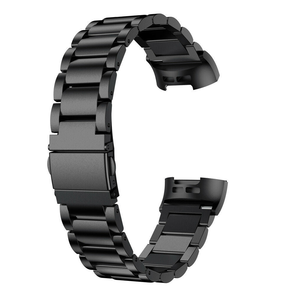 Black stainless steel bracelet band for Fitbit Charge 3 and 4 with quick-release connector and link design