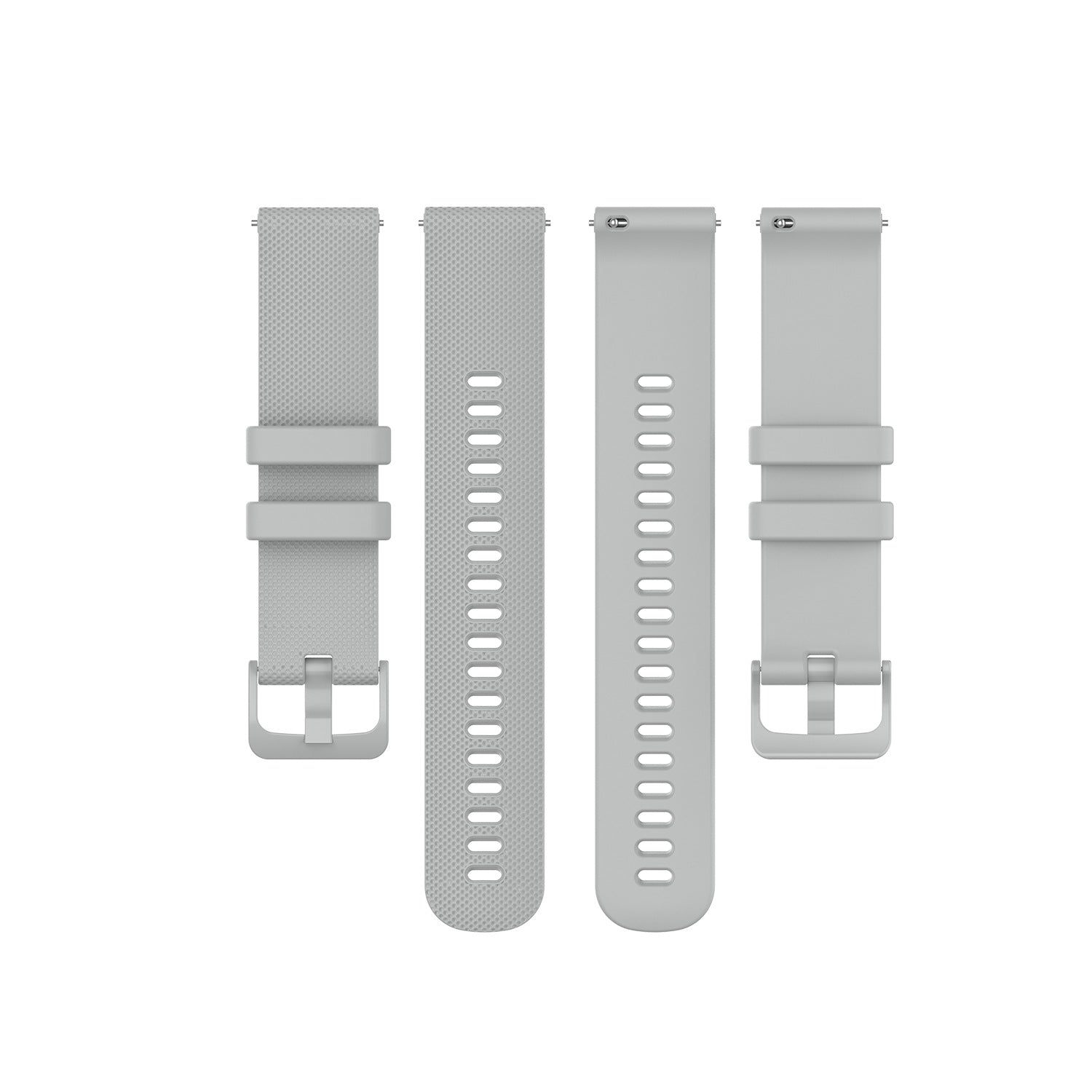 Gray silicone quick release watch bands with buckle closures and ventilation holes in different styles