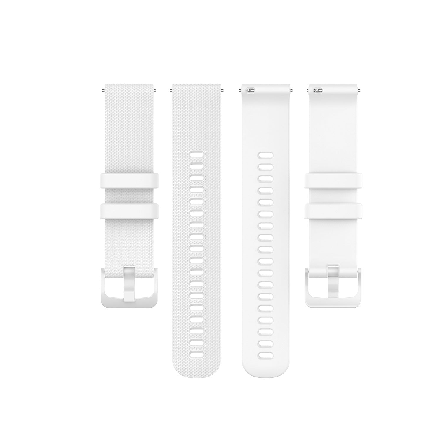 White silicone quick release watch bands with textured and smooth finishes, featuring adjustable straps and metal buckle closures