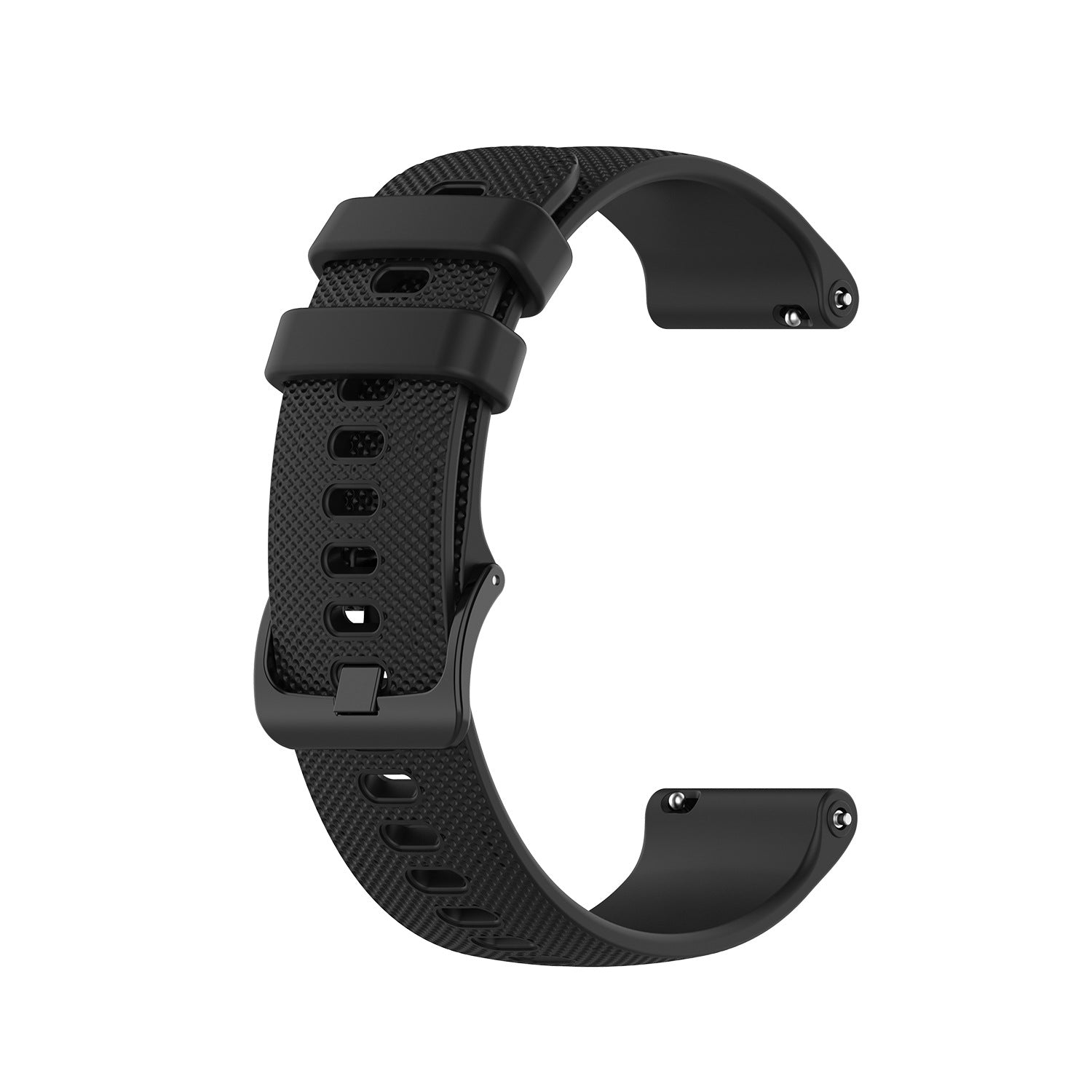 Black silicone quick release watch band with textured pattern and secure buckle closure for smartwatch replacement strap