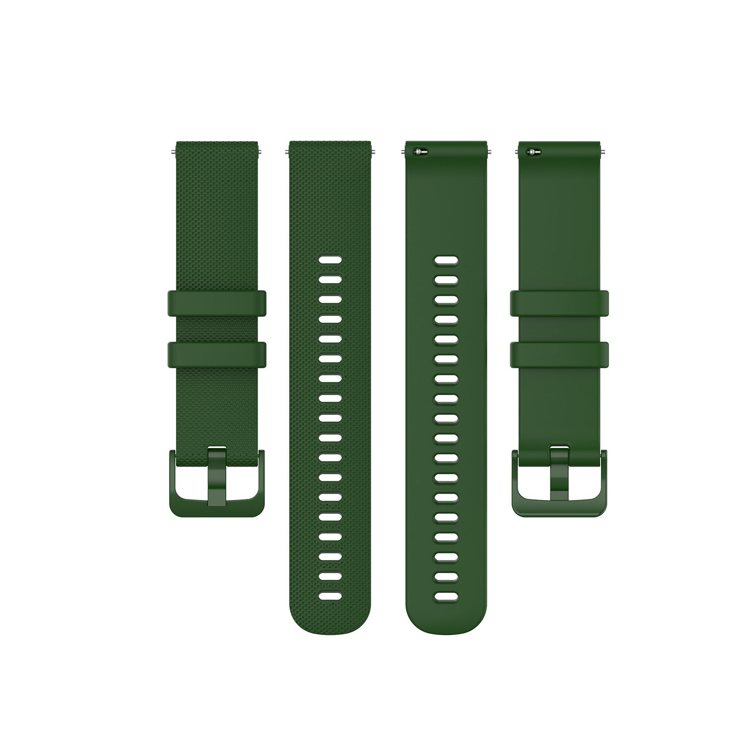 Four green silicone watch bands with quick release pins and buckle closures shown in textured and smooth styles