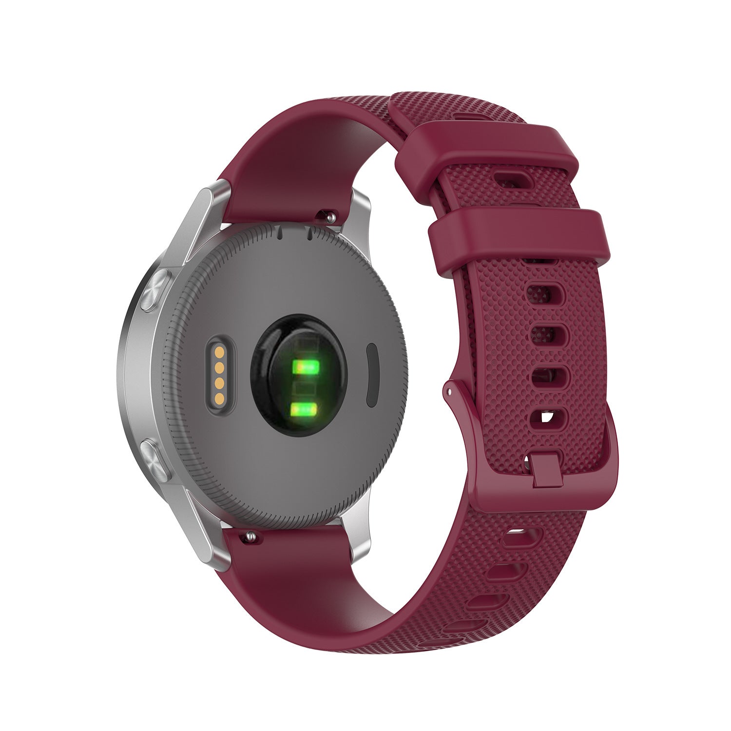 Burgundy silicone band watch with silver case, green heart rate sensor, and quick release strap closure system
