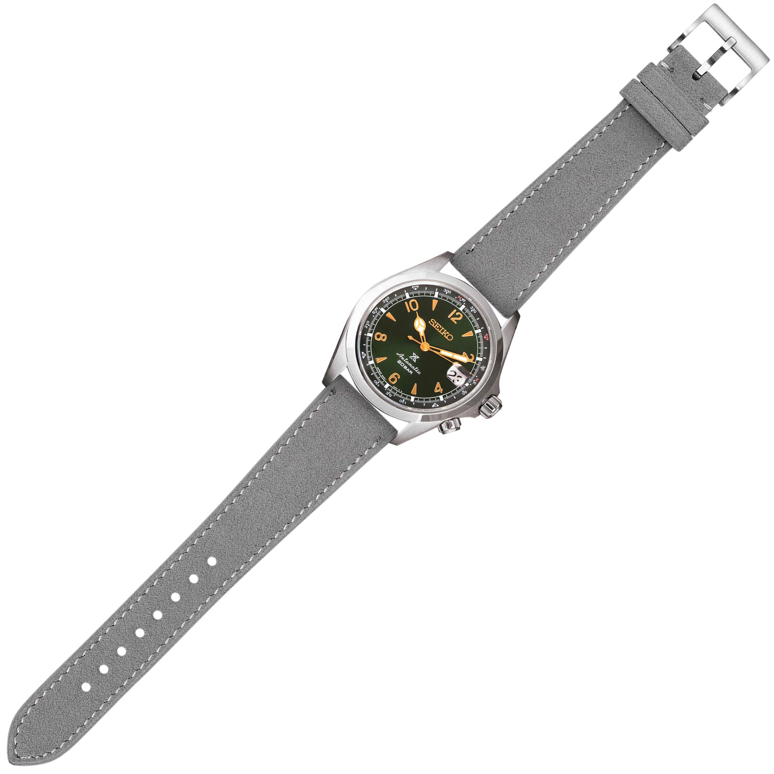 Seiko automatic watch with black dial, gold numerals, and grey Alcantara leather strap with white stitching and quick release buckle
