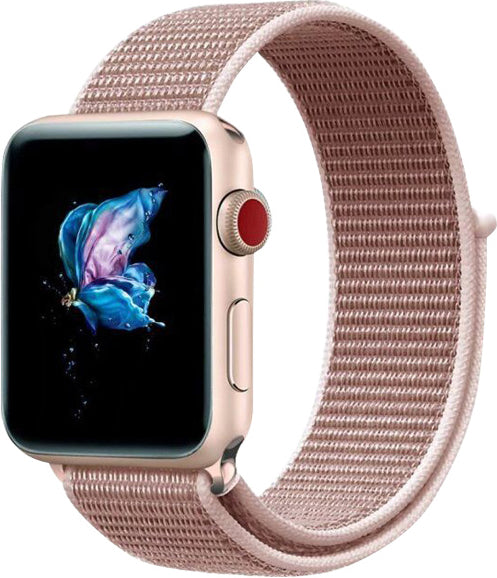 Rose pink nylon sport loop band for smartwatch with velcro closure and digital crown detail