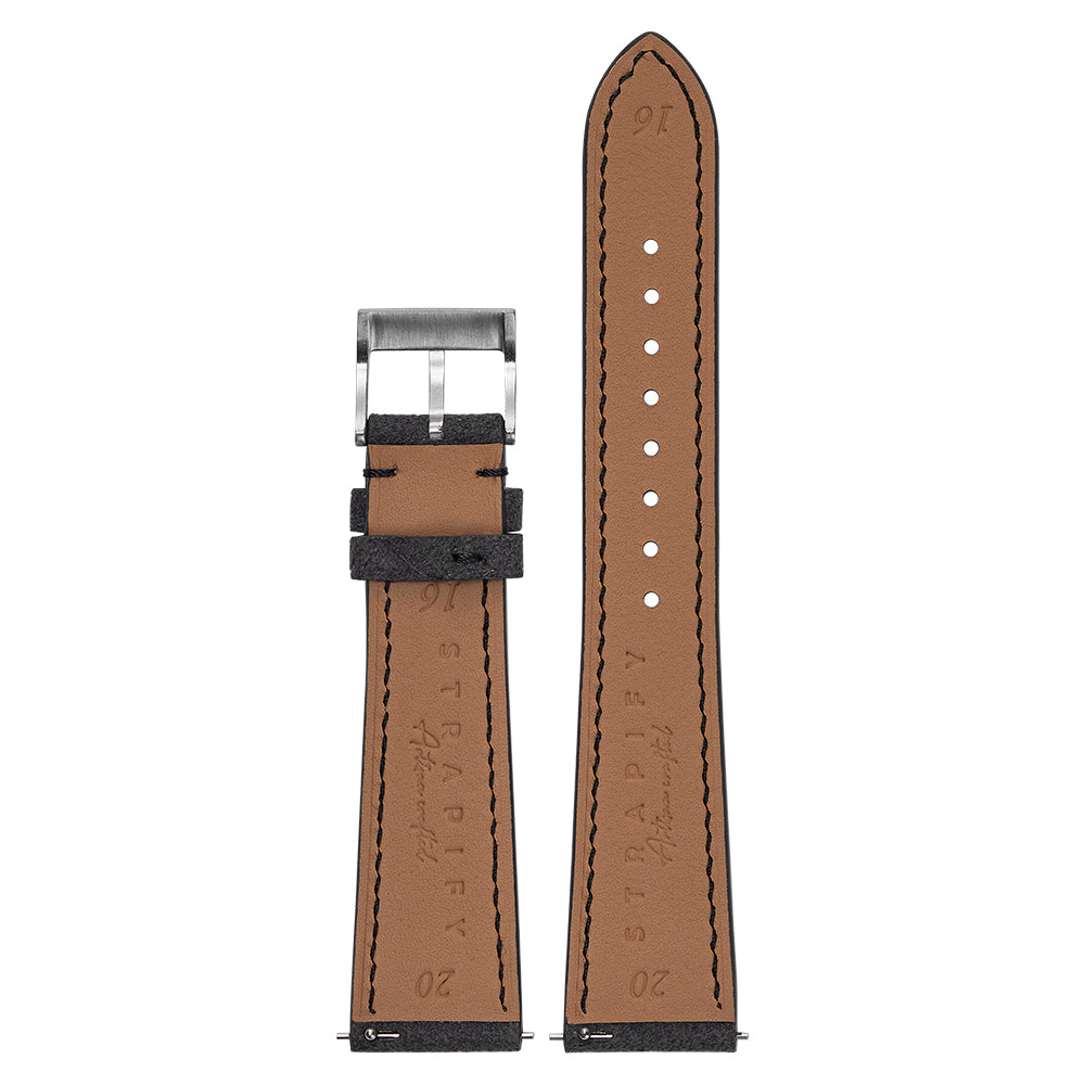 Quick release watch strap with tan leather and dark grey Alcantara material, silver buckle, and contrast stitching