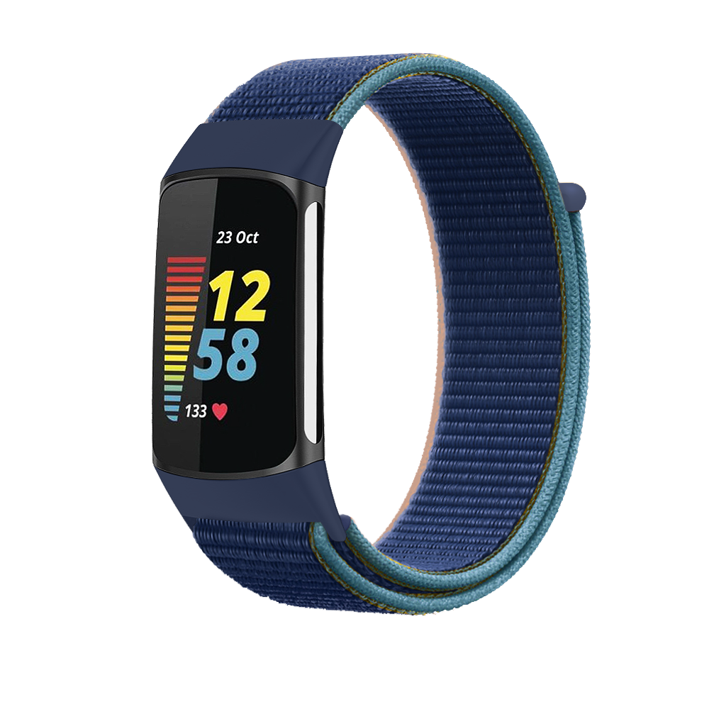 Fitbit Charge 5 and 6 sports loop velcro band in navy blue and teal nylon material with adjustable closure