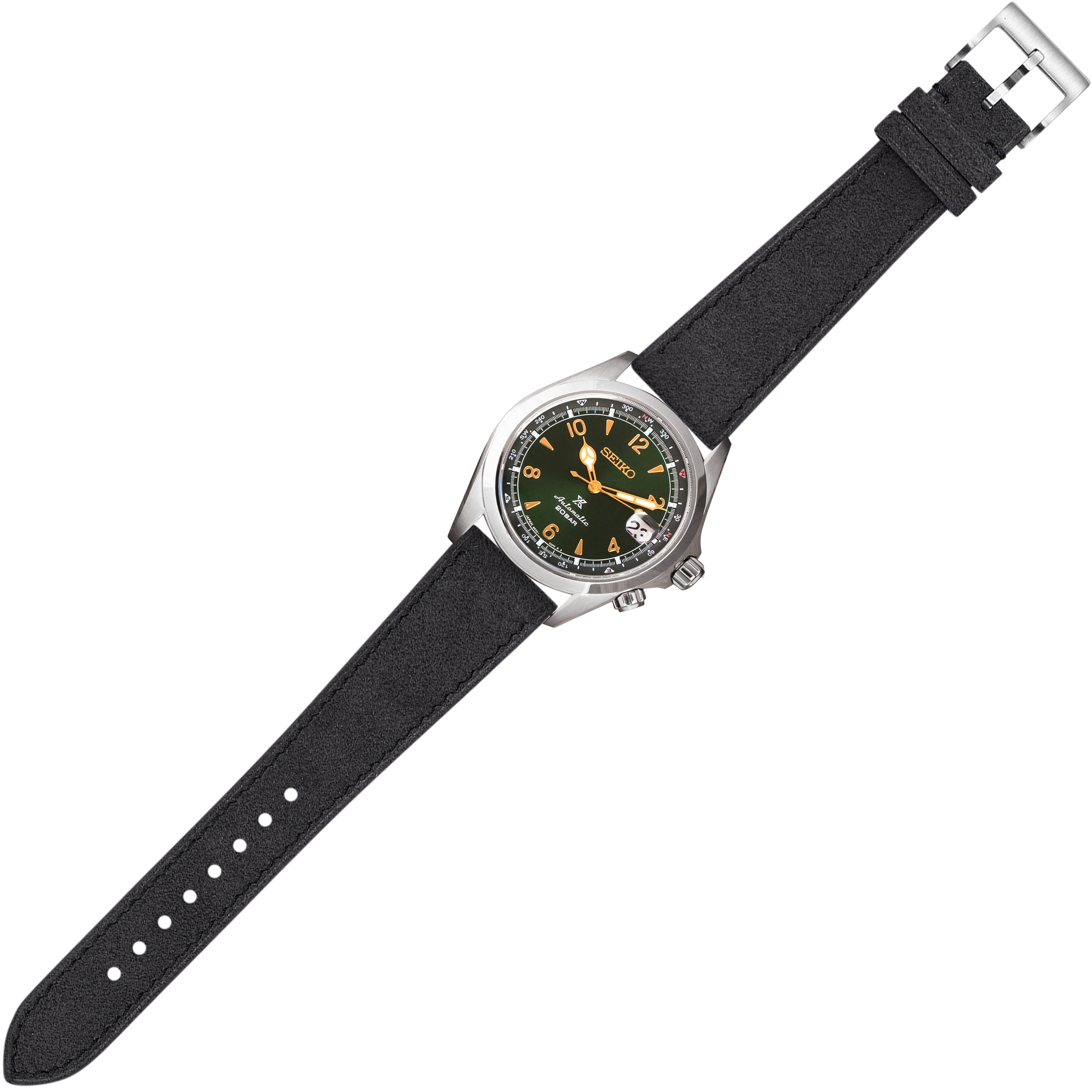 Seiko watch with black dial and orange hands, silver stainless steel case, dark grey alcantara leather quick release strap