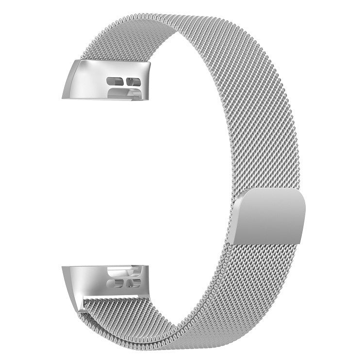 Silver Milanese mesh band for Fitbit Charge 3 and Charge 4 with magnetic closure and connector lugs