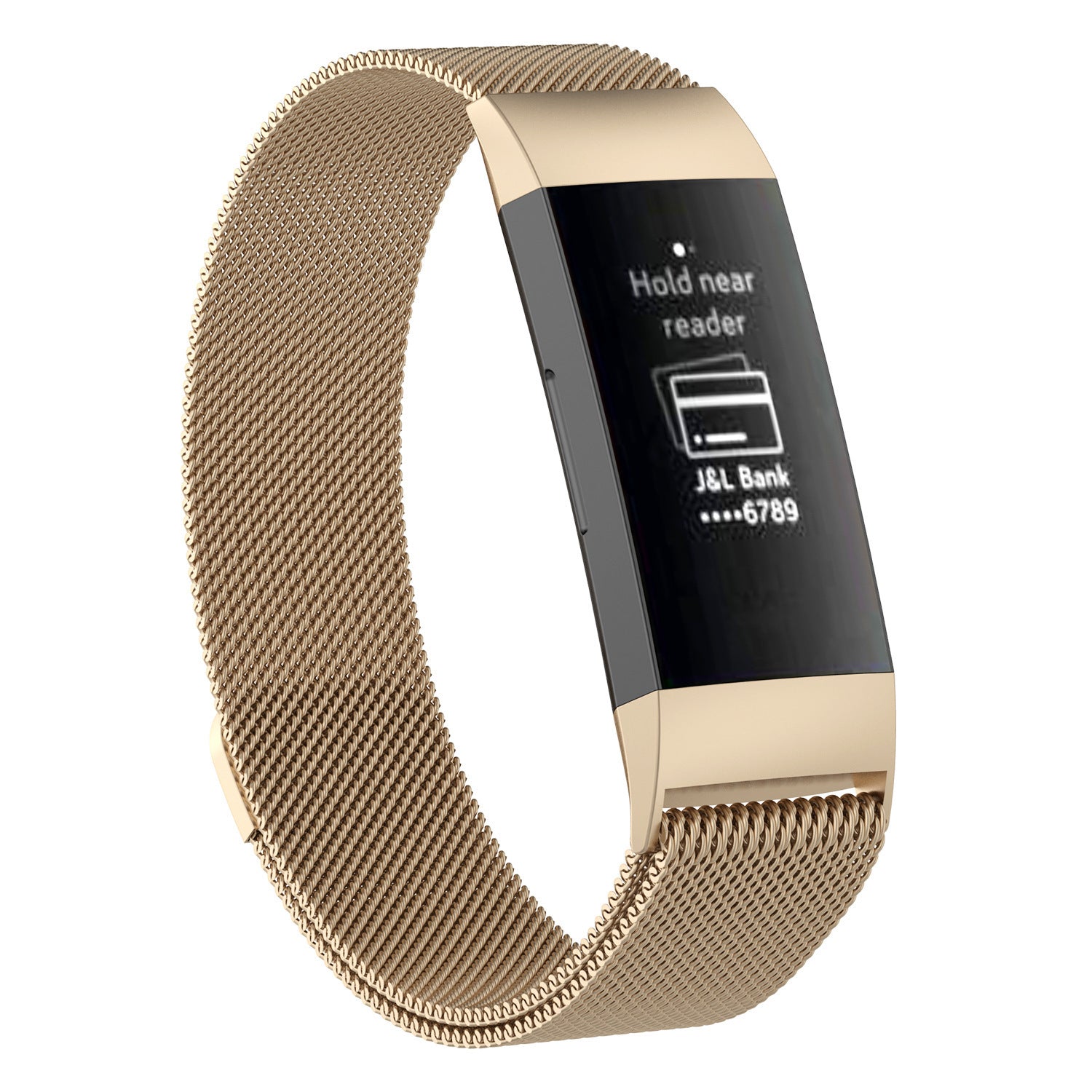 Fitbit Charge 3 4 fitness tracker with vintage gold milanese mesh band and black display showing NFC payment feature