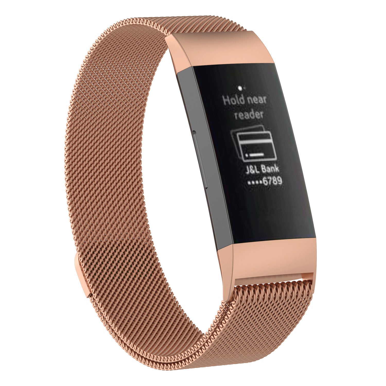Rose gold Milanese mesh band for Fitbit Charge 3 and 4 fitness tracker with magnetic closure