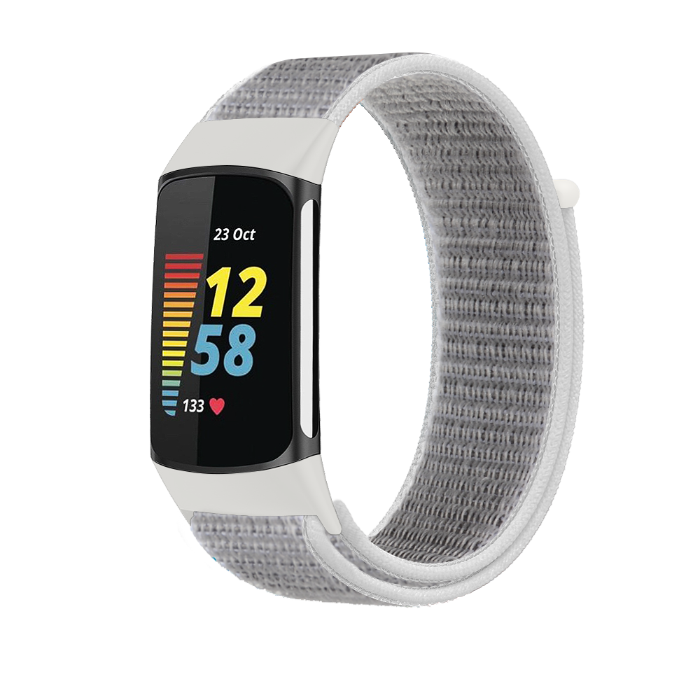 White fabric sports loop velcro strap for Fitbit Charge 5 and 6 fitness tracker with woven breathable band