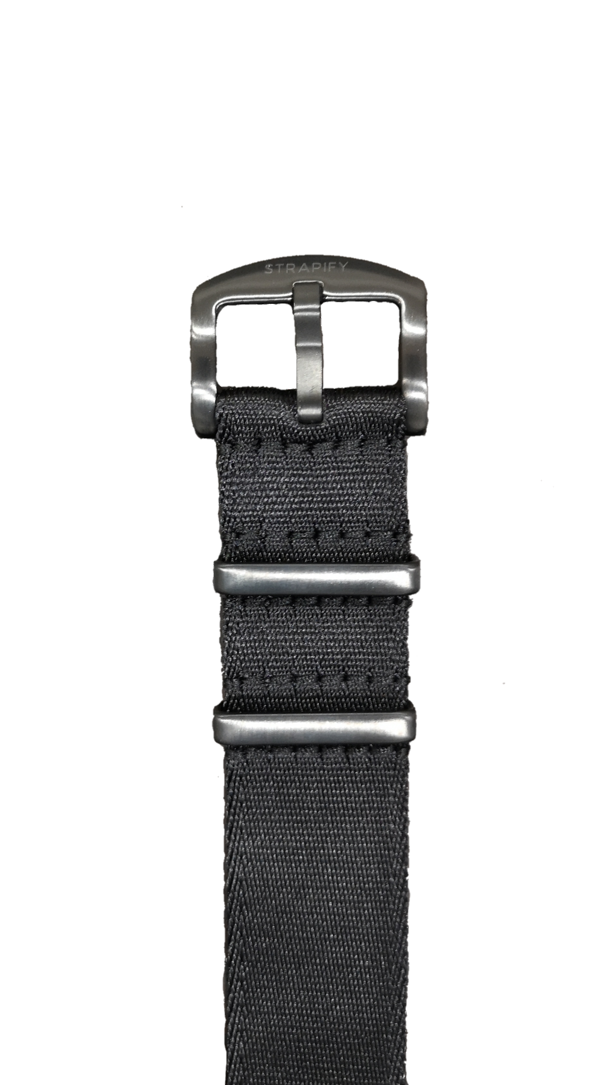 Black fabric watch band with stainless steel buckle and keeper loops for Strapify Ultra Militex