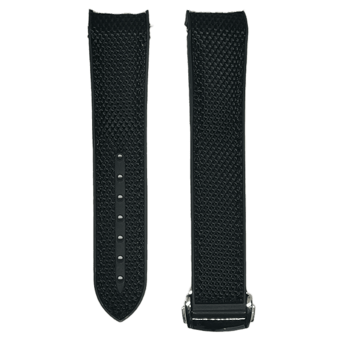 Black curved hybrid rubber watch strap with deployant clasp and stud detailing, front and back view