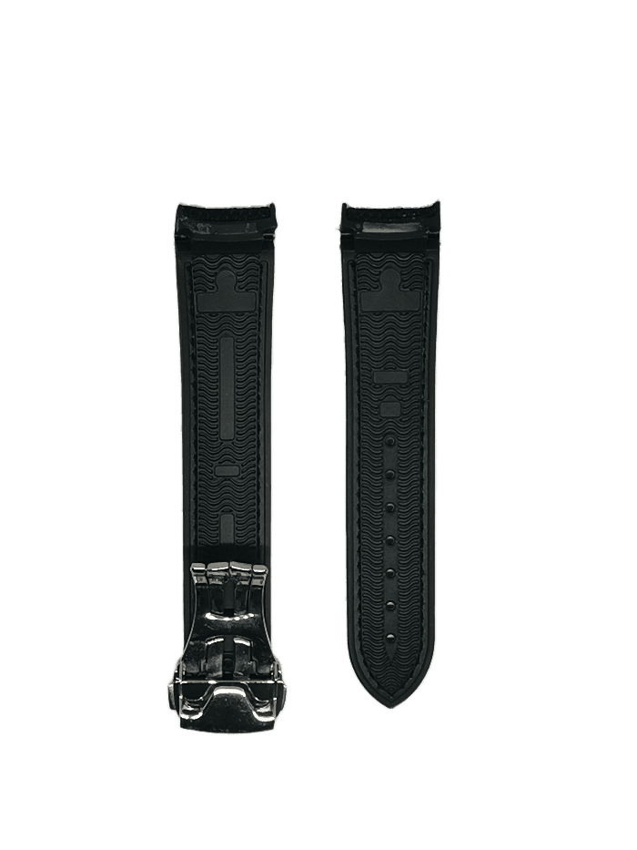 Black curved hybrid rubber watch strap with deployant clasp and wave pattern texture, front and back view
