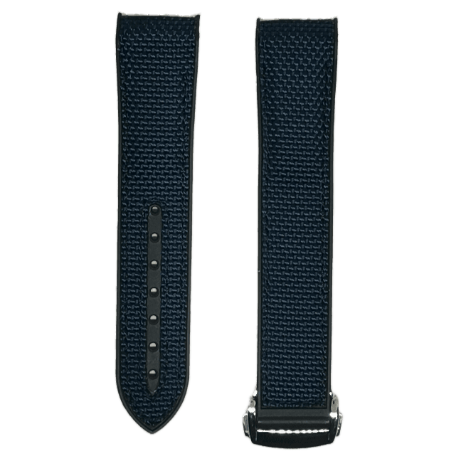 Navy blue curved king hybrid rubber watch strap with deployant clasp, front and back view