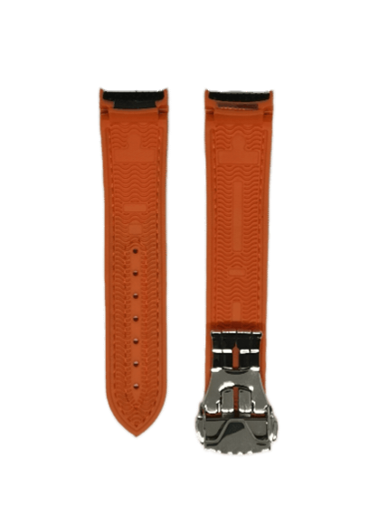 Orange King Hybrid Rubber watch strap with black deployant clasp, curved fit design shown front and back