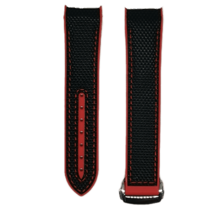 Black hybrid rubber watch strap with red trim and deployant clasp, curved ends design