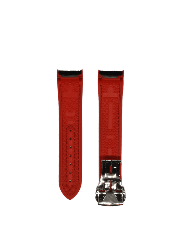 Red curved hybrid rubber watch strap with deployant clasp and black inner lining, shown front and back view