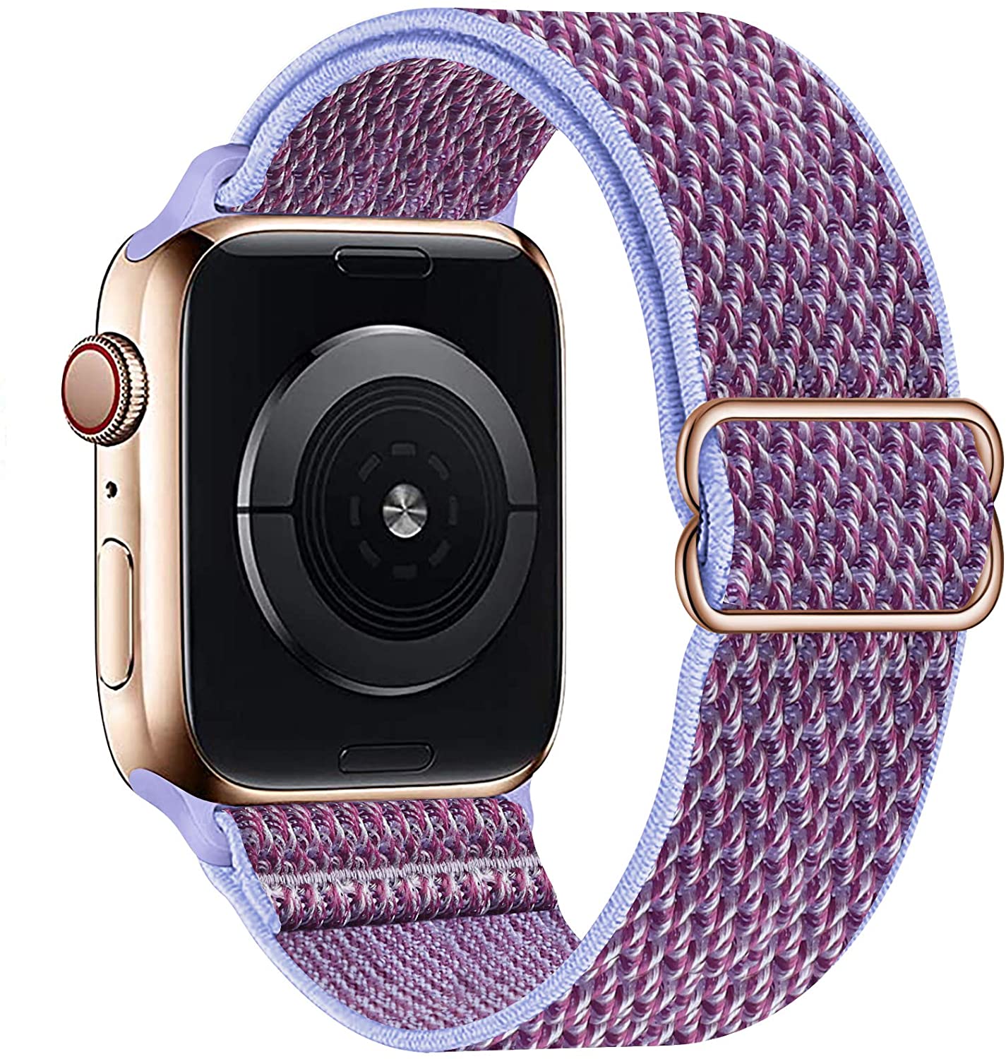 Gold smartwatch with black display and burgundy woven fabric band with periwinkle trim and rose gold closure