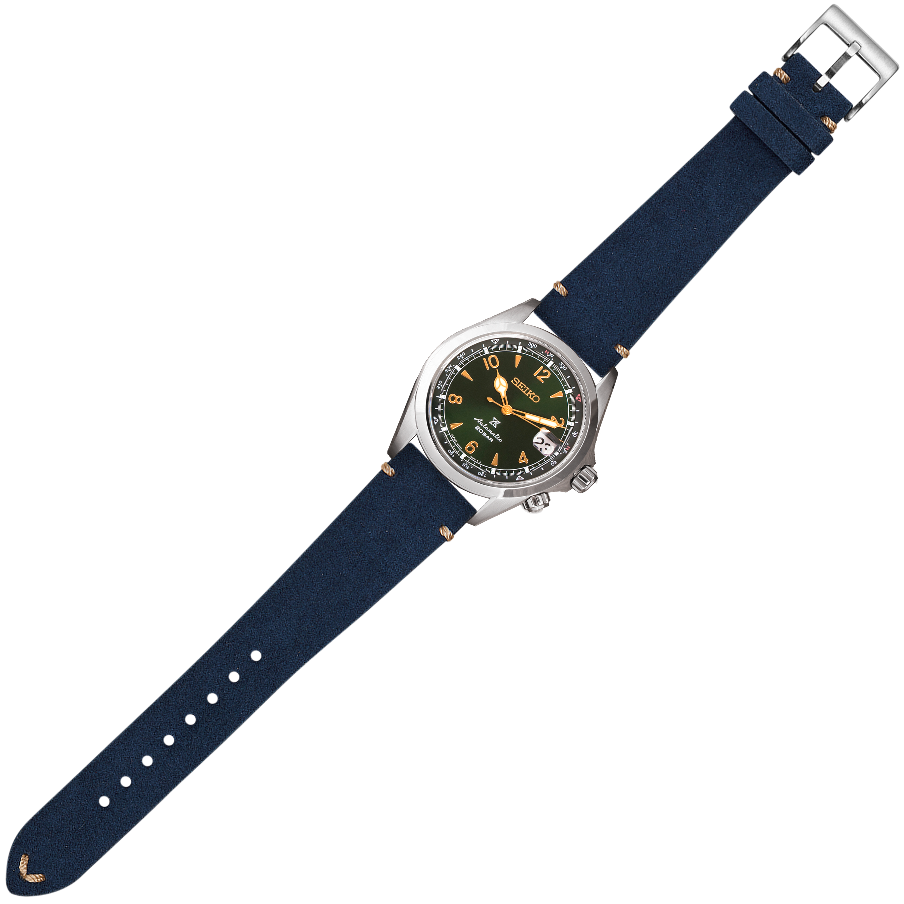 Seiko watch with navy blue Alcantara leather quick release strap and black dial with gold accents