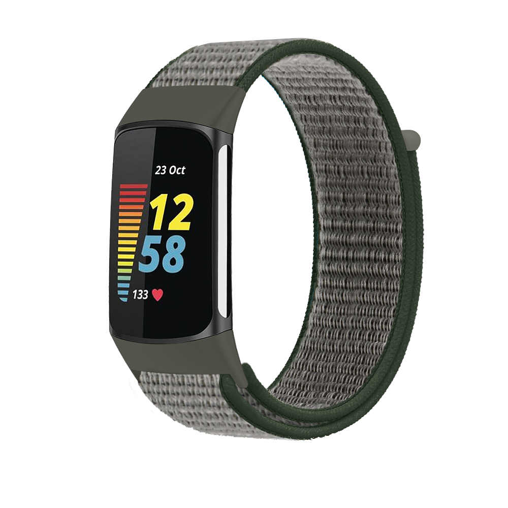 Fitbit Charge 5 and 6 sports loop velcro band in sage green and gray woven nylon with OLED display showing time and heart rate