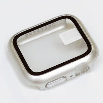 White protective smartwatch case with black trim for Apple Watch Series 1-9, showing clear screen protector and resilient bumper design