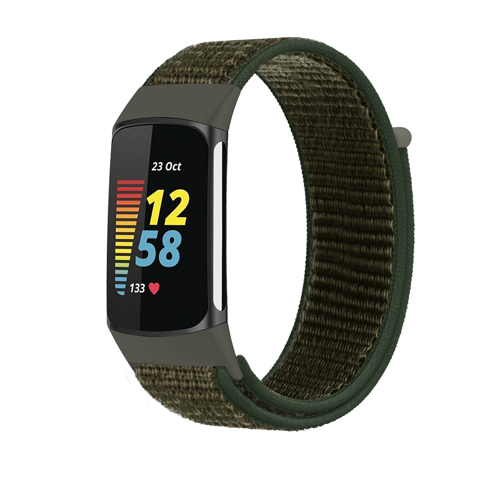 Fitbit Charge 5 and 6 sports loop band in olive green with velcro closure, displaying time and heart rate on AMOLED screen