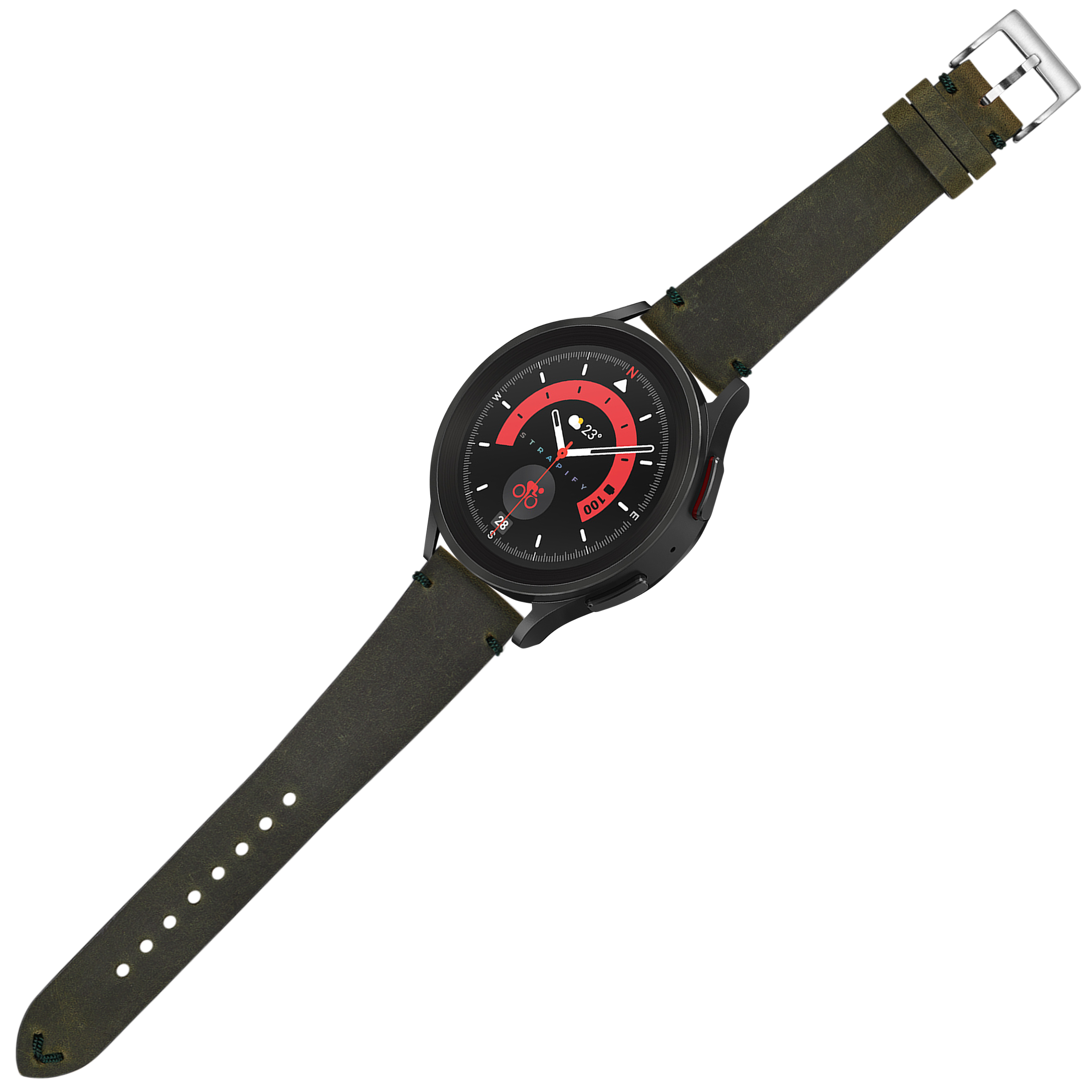 Black and red dial watch with olive green leather quick release strap and silver buckle