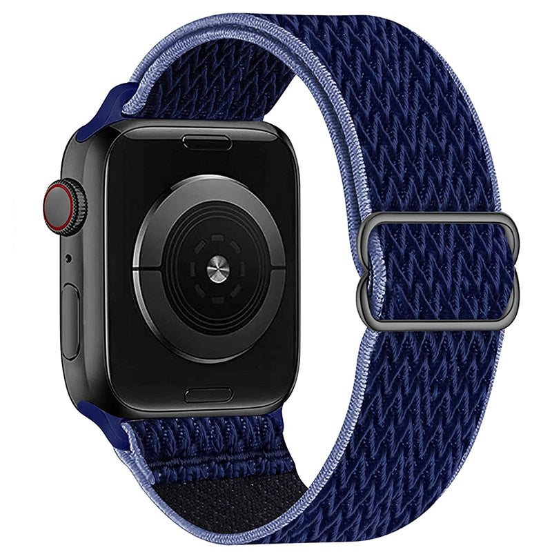 Navy blue woven loop band for Apple Watch with adjustable magnetic closure and metal buckle