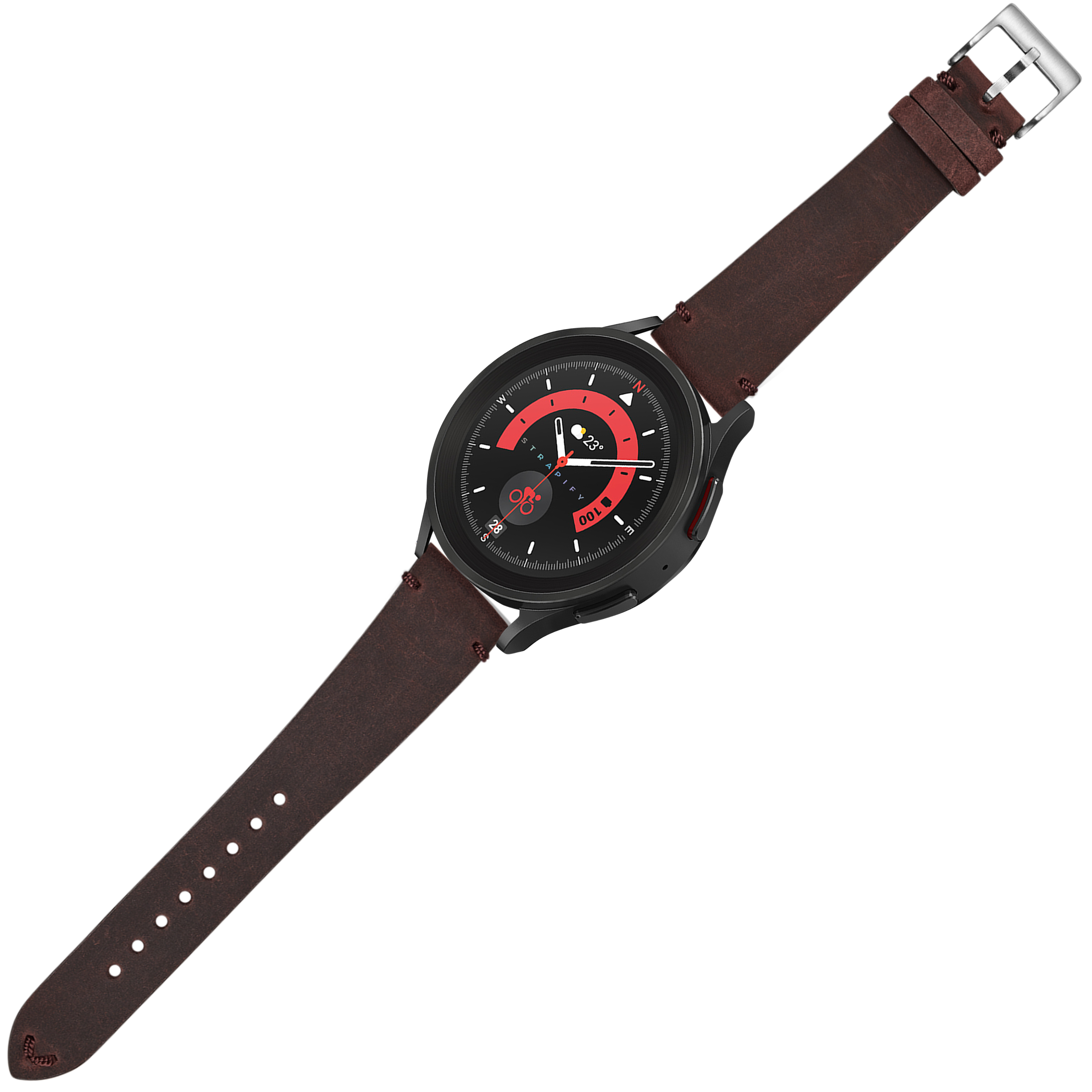Black watch with red dial and moon phase, dark brown leather quick release strap, silver buckle