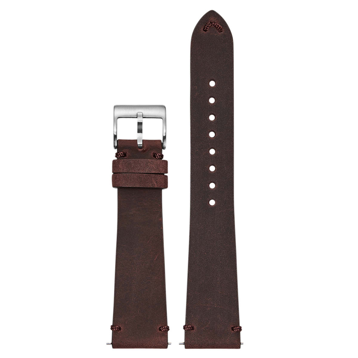 Dark red vintage crazy horse leather watch band with silver buckle and white stitching holes