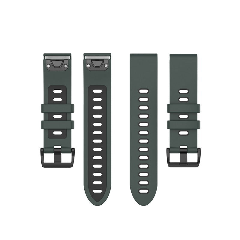 Olive green QuickFit Flexi Silicone 2 watch bands with quick-release pins and ventilation holes, shown in four interchangeable styles