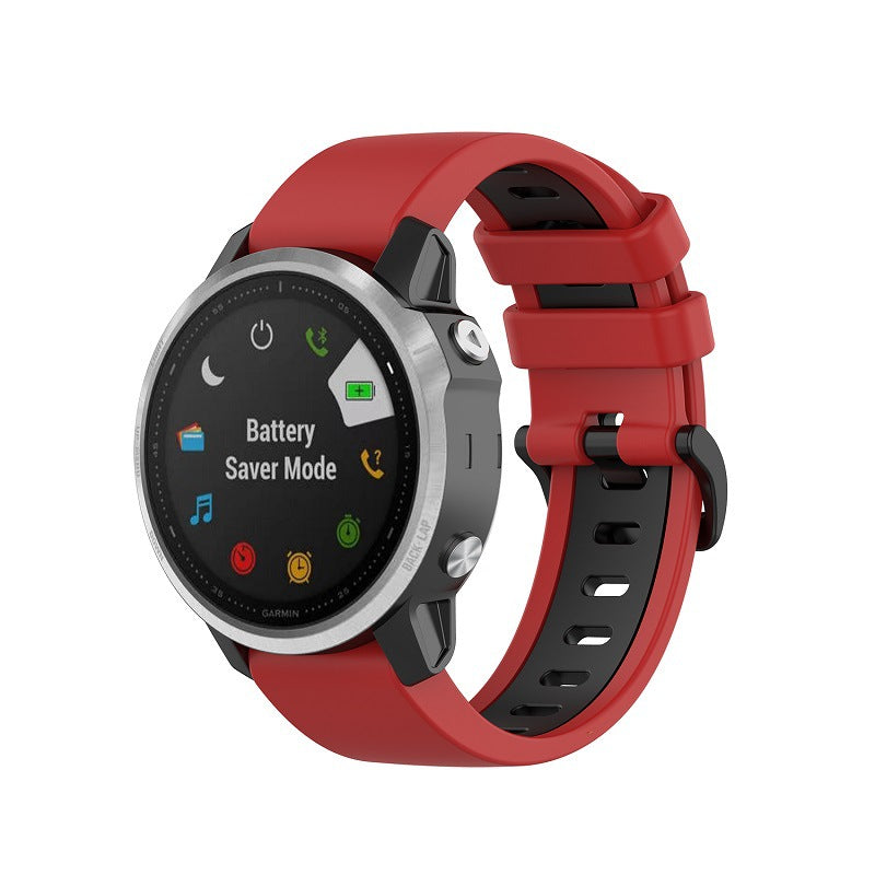 Red silicone smartwatch band for Garmin with black sport strap and quick-fit connector, displayed on digital watch showing battery saver mode