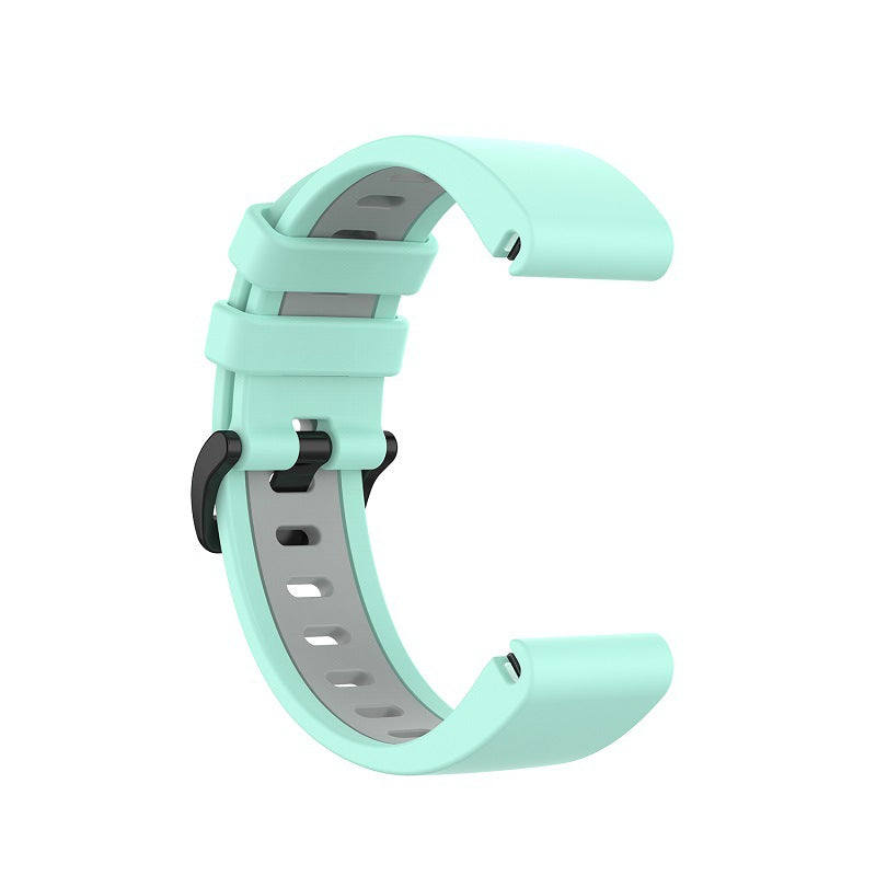 Mint green silicone smartwatch band with quick-fit connectors, gray inner lining, and curved edges for comfortable wearability