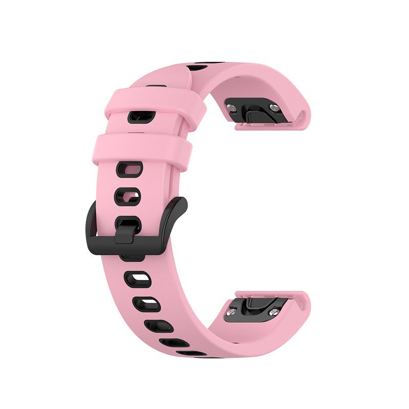 Pink silicone smartwatch band with quick-fit connectors and black buckle clasp for sports watches